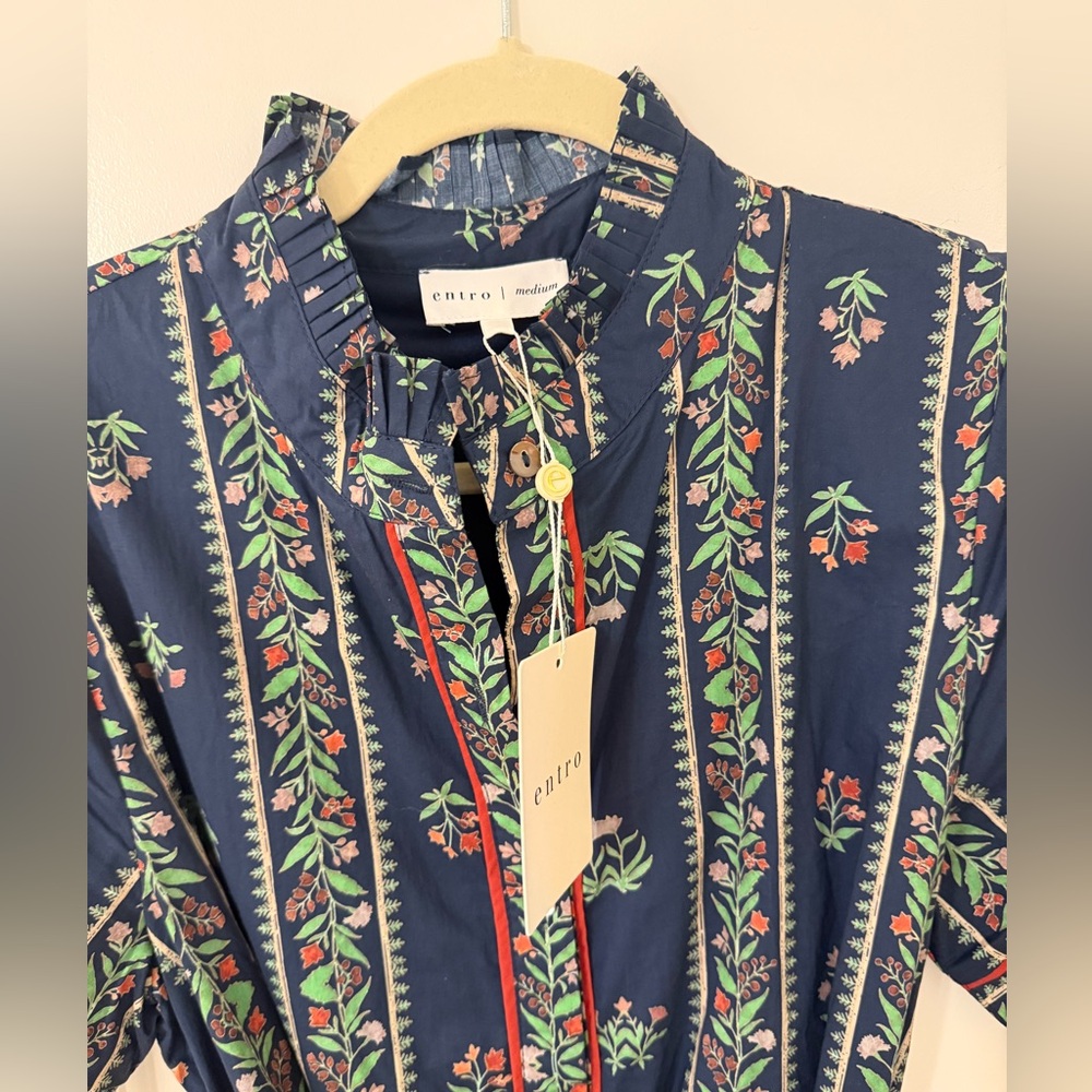 NWT- Entro navy multi floral print cotton maxi shirt dress size M - Picture 6 of 8